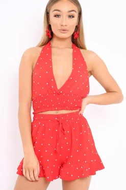Rebellious Fashion Red Polka Dot Shorts and Halterneck Co-ord - Alivia