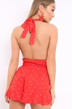 Rebellious Fashion Red Polka Dot Shorts and Halterneck Co-ord - Alivia