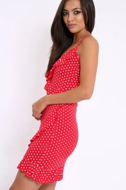 Rebellious Fashion Red Polka Dot Wrap Dress with Frills - Beth