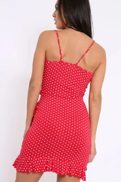 Rebellious Fashion Red Polka Dot Wrap Dress with Frills - Beth