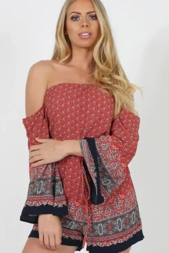Rebellious Fashion Red Print Bardot Playsuit - Malaya