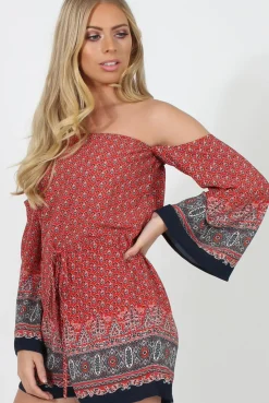 Rebellious Fashion Red Print Bardot Playsuit - Malaya