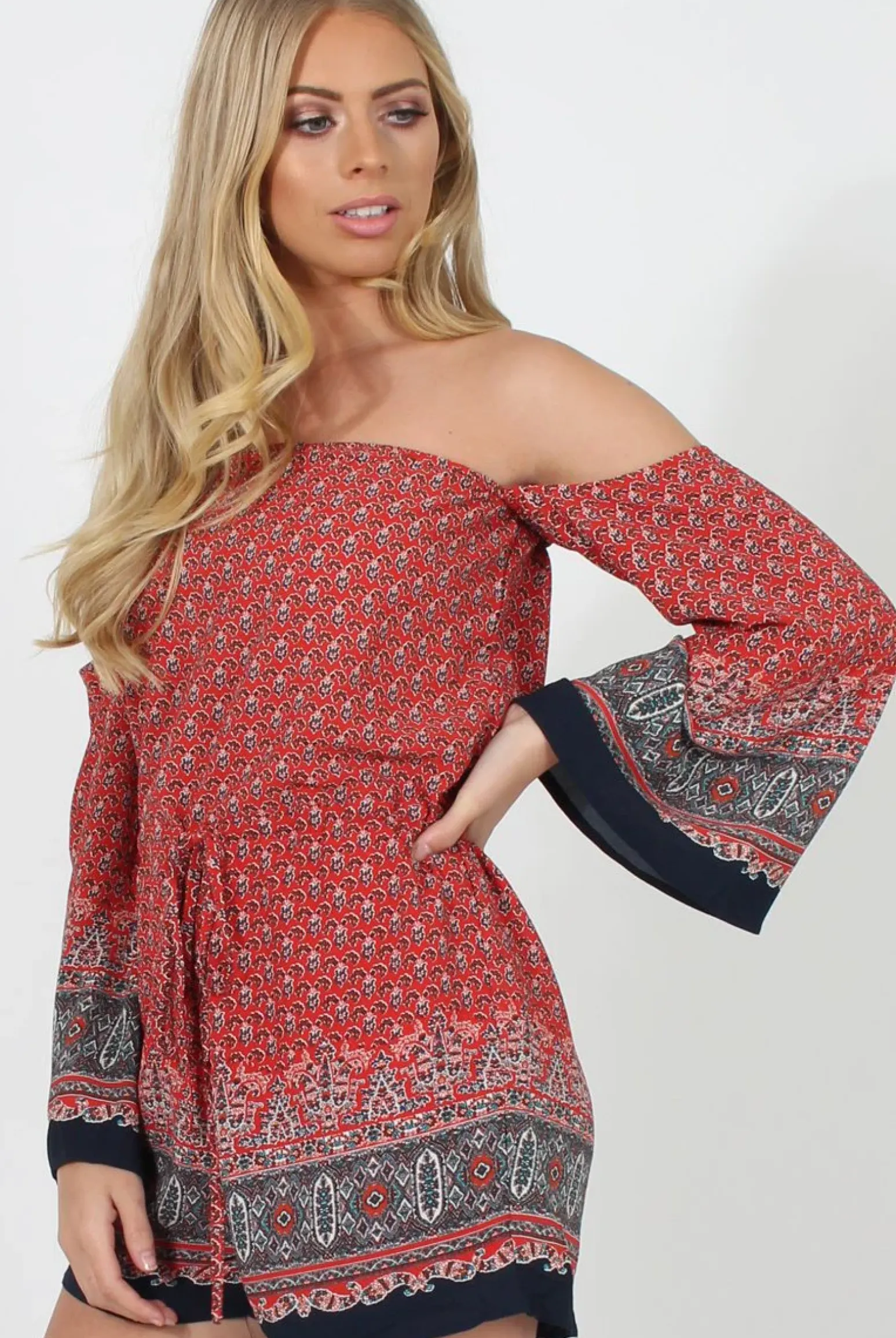 Rebellious Fashion Red Print Bardot Playsuit - Malaya