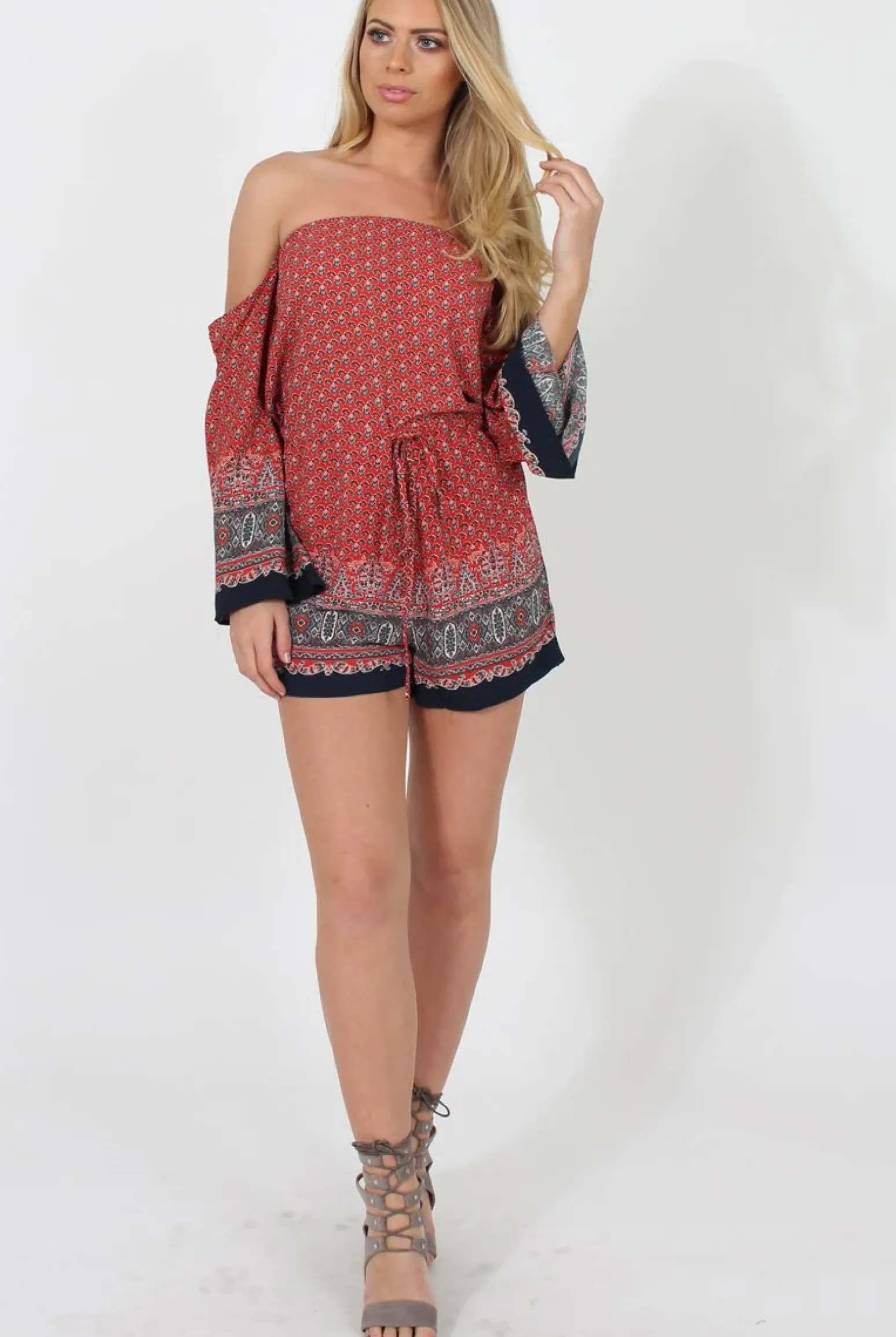 Rebellious Fashion Red Print Bardot Playsuit - Malaya