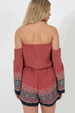 Rebellious Fashion Red Print Bardot Playsuit - Malaya