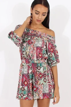 Rebellious Fashion Red Printed Bardot Playsuit - Susannah