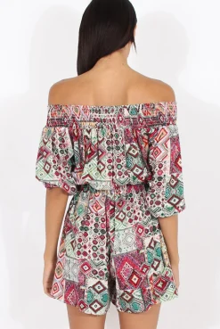 Rebellious Fashion Red Printed Bardot Playsuit - Susannah