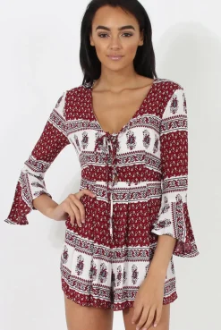 Rebellious Fashion Red Print Low Cut Playsuit - Enya