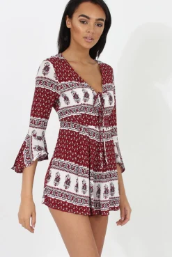 Rebellious Fashion Red Print Low Cut Playsuit - Enya