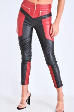 Rebellious Fashion Red PU Colour Block Trousers - Mammie