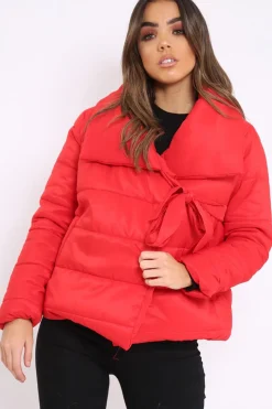 Rebellious Fashion Red Puffer Jacket with Tie Front - Lolamae