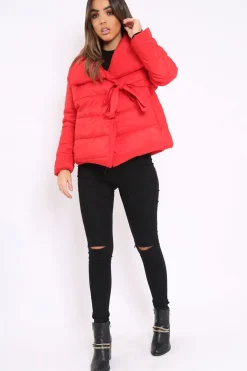 Rebellious Fashion Red Puffer Jacket with Tie Front - Lolamae