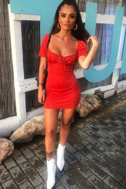 Rebellious Fashion Red Puff Sleeve Lace Up Dress - Darby