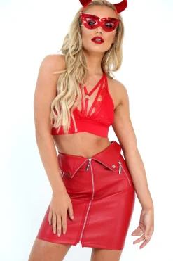 Rebellious Fashion Red PU Zip Detail Biker Mini Skirt - Izora