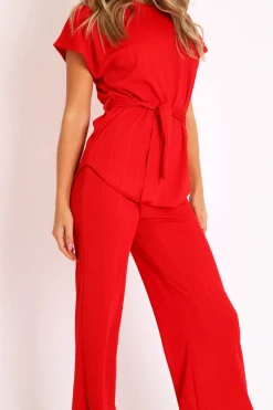Rebellious Fashion Red Ribbed Belted Top and Wide Leg Trouser Co-ord - Tyla
