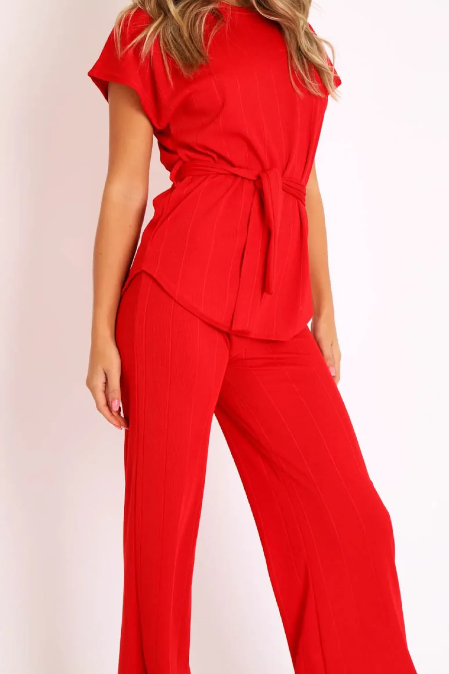 Rebellious Fashion Red Ribbed Belted Top and Wide Leg Trouser Co-ord - Tyla