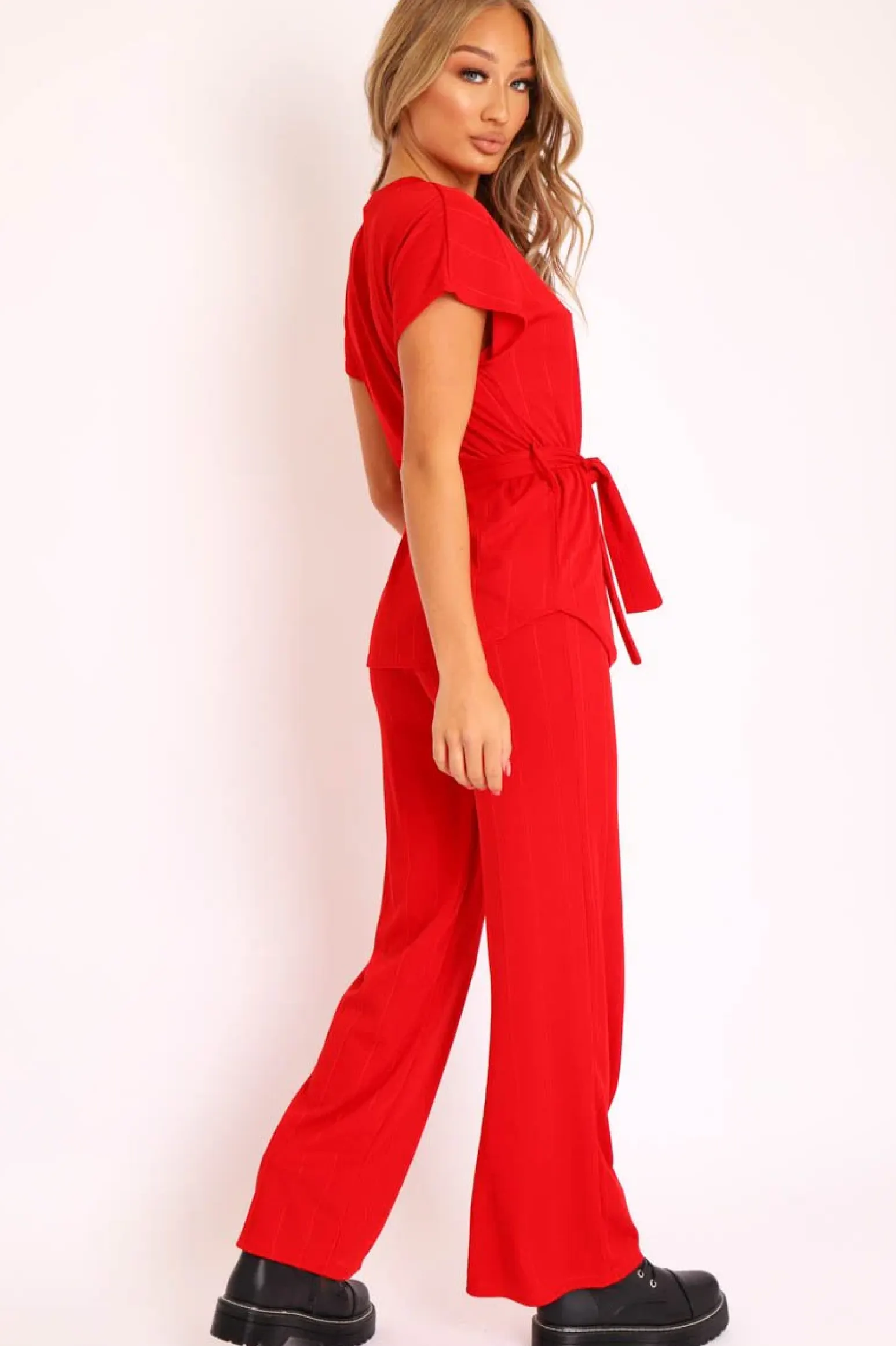Rebellious Fashion Red Ribbed Belted Top and Wide Leg Trouser Co-ord - Tyla