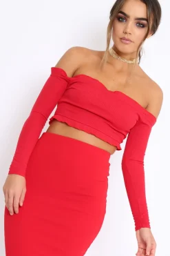 Rebellious Fashion Red Ribbed Frill Bardot Crop Top - Cassidy