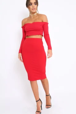 Rebellious Fashion Red Ribbed Frill Bardot Crop Top - Cassidy