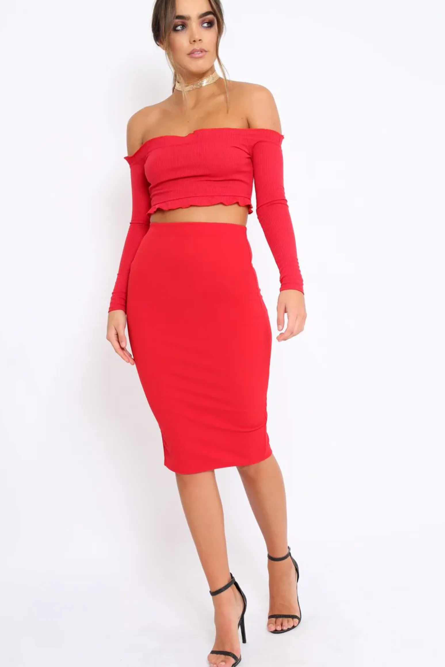 Rebellious Fashion Red Ribbed Frill Bardot Crop Top - Cassidy