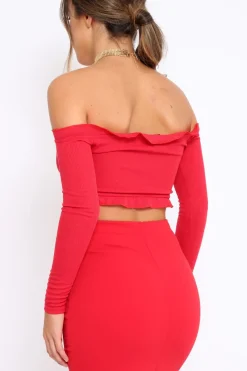 Rebellious Fashion Red Ribbed Frill Bardot Crop Top - Cassidy