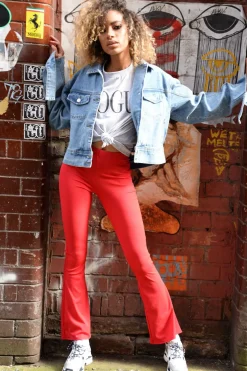 Rebellious Fashion Red Ribbed Kick Flare Trousers - Chlo