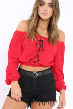 Rebellious Fashion Red Ribbed Lace Up Bardot Crop Top - Sara