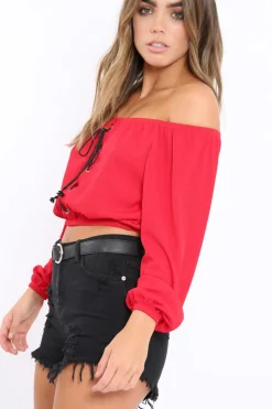 Rebellious Fashion Red Ribbed Lace Up Bardot Crop Top - Sara
