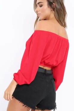 Rebellious Fashion Red Ribbed Lace Up Bardot Crop Top - Sara