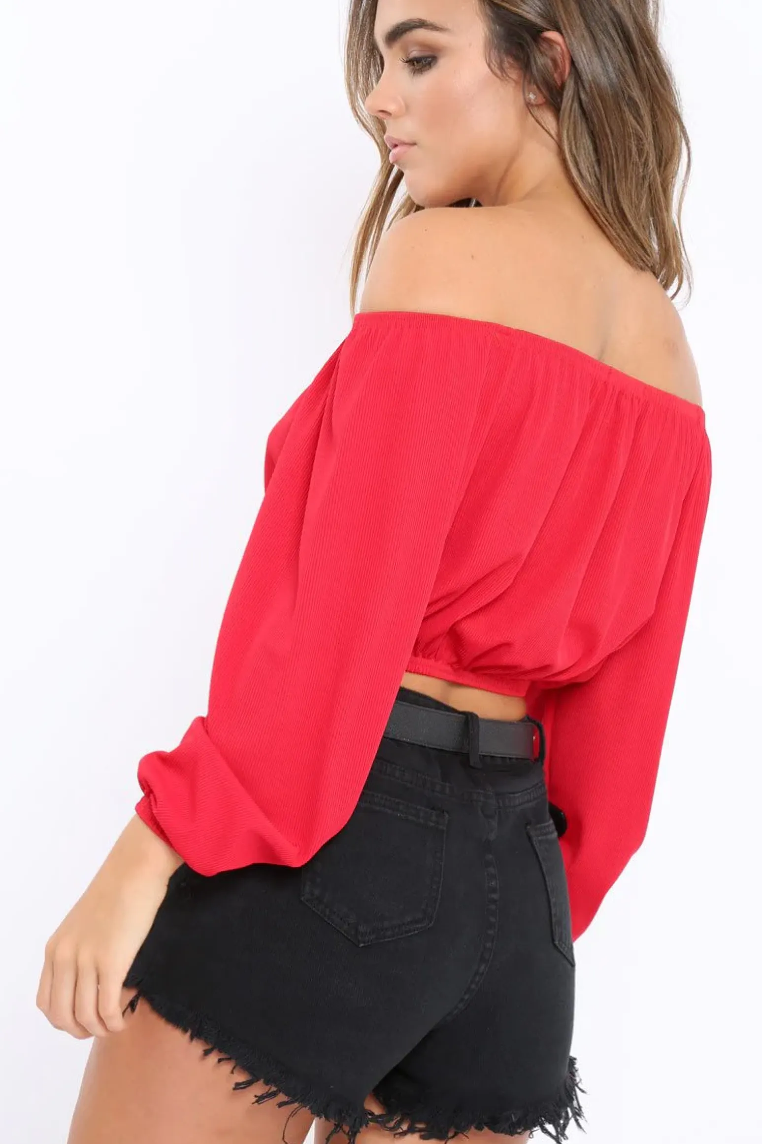 Rebellious Fashion Red Ribbed Lace Up Bardot Crop Top - Sara