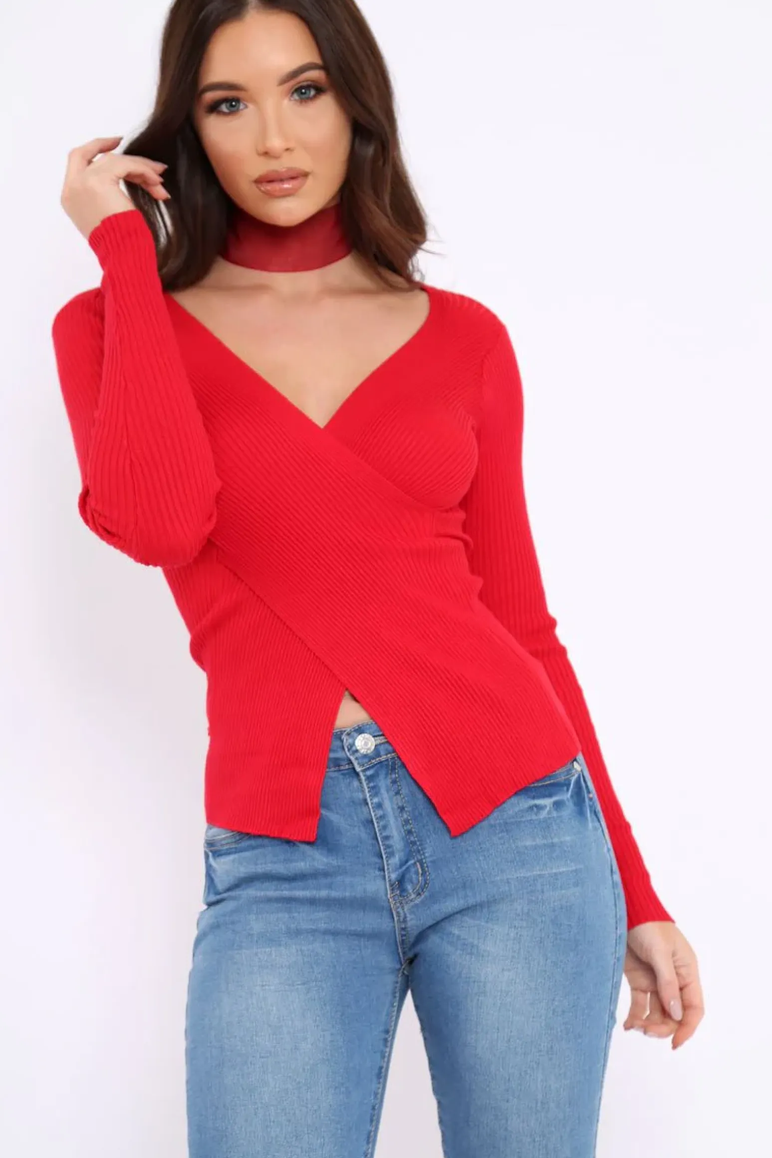 Rebellious Fashion Red Ribbed Thin Knit Wrap Top - Jordi