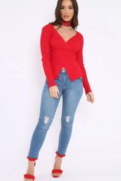 Rebellious Fashion Red Ribbed Thin Knit Wrap Top - Jordi