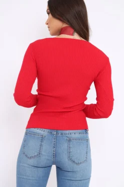 Rebellious Fashion Red Ribbed Thin Knit Wrap Top - Jordi
