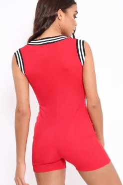 Rebellious Fashion Red Ribbed Zip Front Sports Trim Playsuit - Lyah