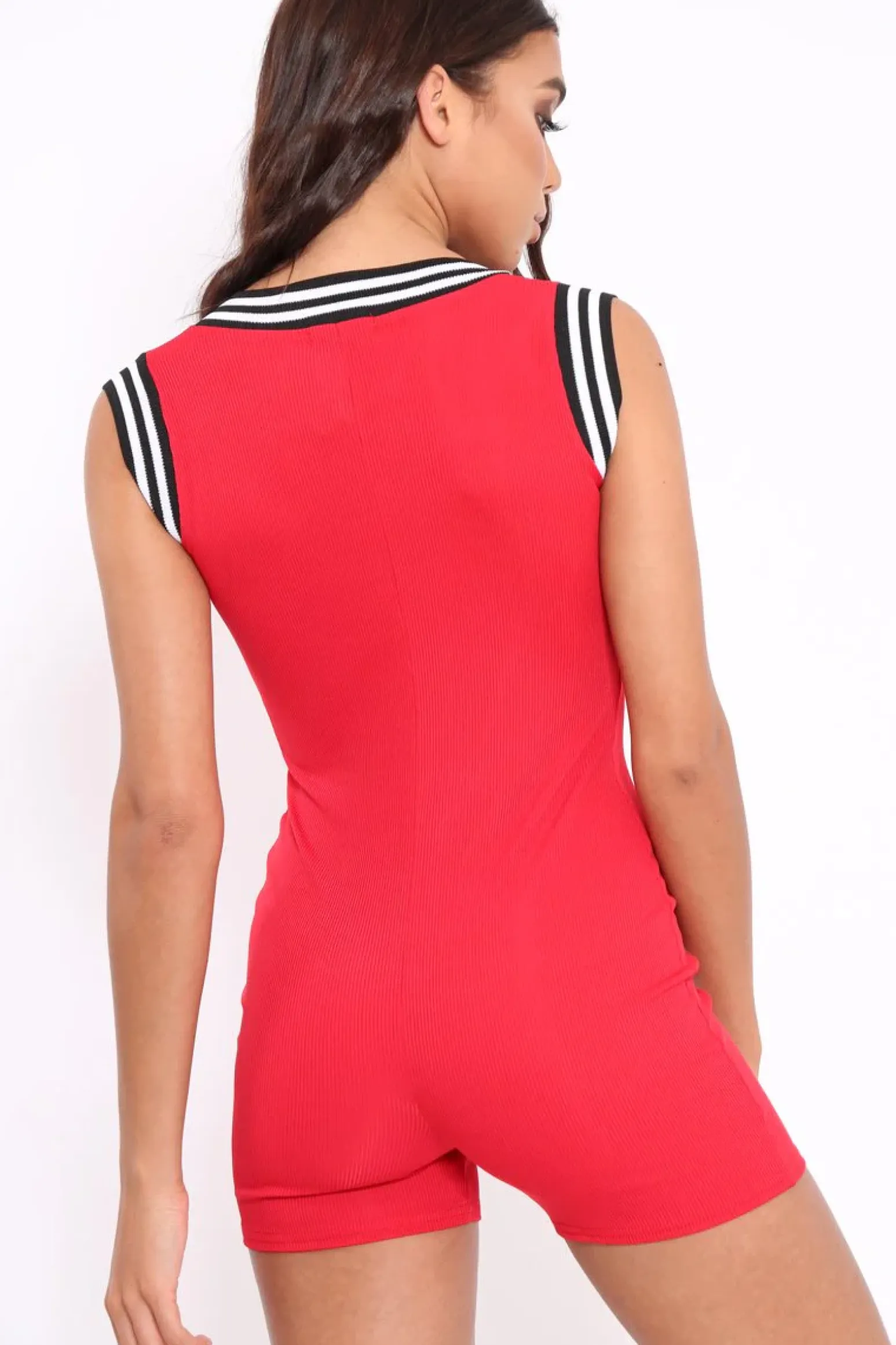 Rebellious Fashion Red Ribbed Zip Front Sports Trim Playsuit - Lyah