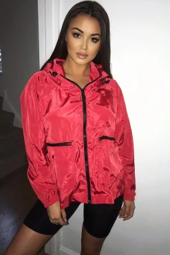 Rebellious Fashion Red Ring Pull Zip Front Windbreaker Jacket - Tesla