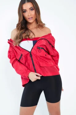 Rebellious Fashion Red Ring Pull Zip Front Windbreaker Jacket - Tesla