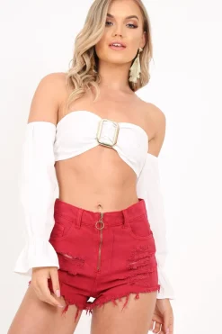 Rebellious Fashion Red Ring Zip Front Distressed Denim Shorts - Kamea