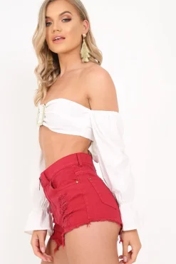 Rebellious Fashion Red Ring Zip Front Distressed Denim Shorts - Kamea