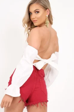 Rebellious Fashion Red Ring Zip Front Distressed Denim Shorts - Kamea