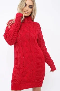 Rebellious Fashion Red Roll Neck Cable Knit Jumper Dress - Dawn