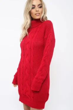 Rebellious Fashion Red Roll Neck Cable Knit Jumper Dress - Dawn