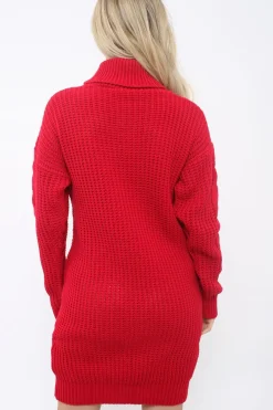 Rebellious Fashion Red Roll Neck Cable Knit Jumper Dress - Dawn
