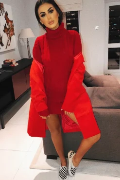 Rebellious Fashion Red Roll Neck Chunky Knit Jumper Dress - Hydie