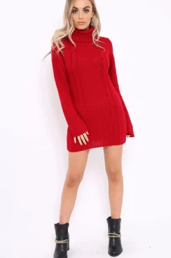 Rebellious Fashion Red Roll Neck Chunky Knit Jumper Dress - Hydie