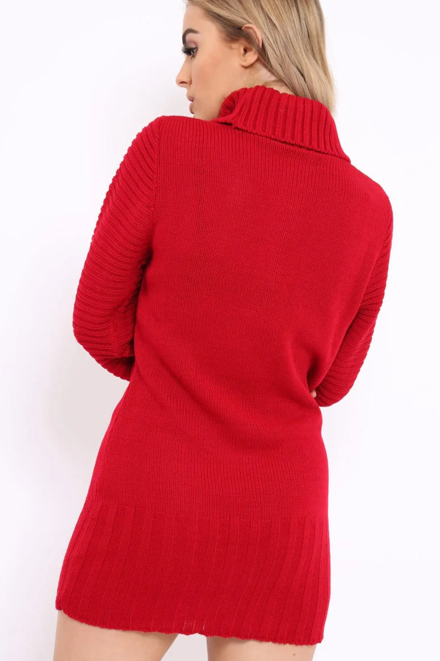 Rebellious Fashion Red Roll Neck Chunky Knit Jumper Dress - Hydie