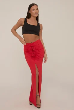 Rebellious Fashion Red Rose Detail Maxi Skirt - Martine