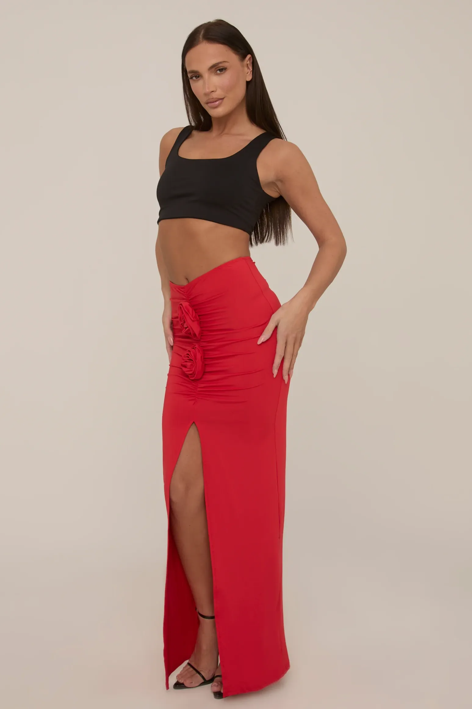 Rebellious Fashion Red Rose Detail Maxi Skirt - Martine