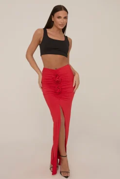 Rebellious Fashion Red Rose Detail Maxi Skirt - Martine