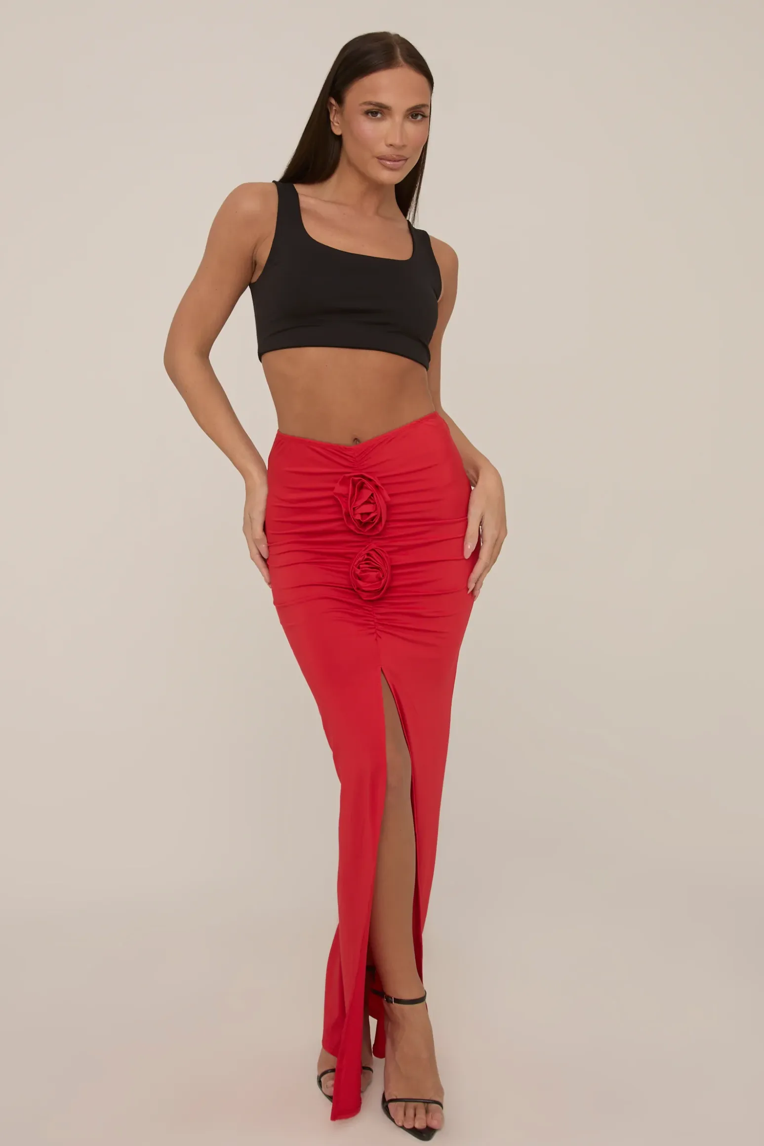 Rebellious Fashion Red Rose Detail Maxi Skirt - Martine